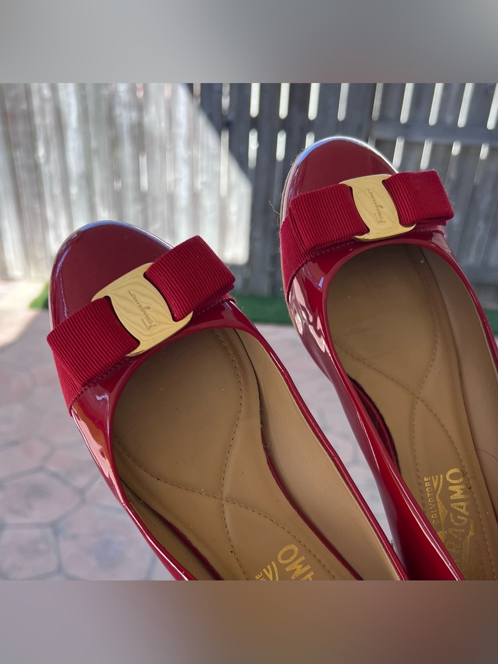 Salvatore Ferragamo Red Patent Leather Bow Flats with Gold Plaque